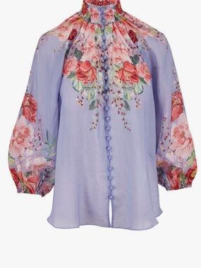 Zimmermann Lavender Floral High-Collar Blouse with Rose Print